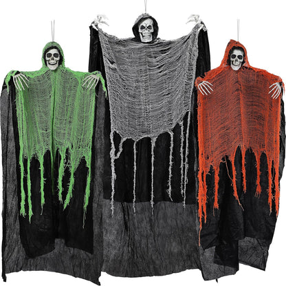 JOYIN 3 Pcs Halloween Hanging Grim Reapers, one 63” Two 47” Grim Reapers, Halloween Skeleton