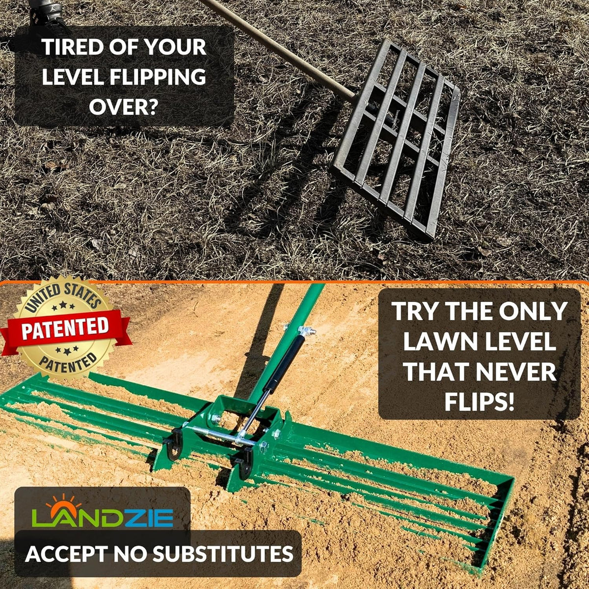 Landzie AeroLeveler - The Lawn Leveling Rake That Never Flips - Patented 36 inch Wide Pneumatic