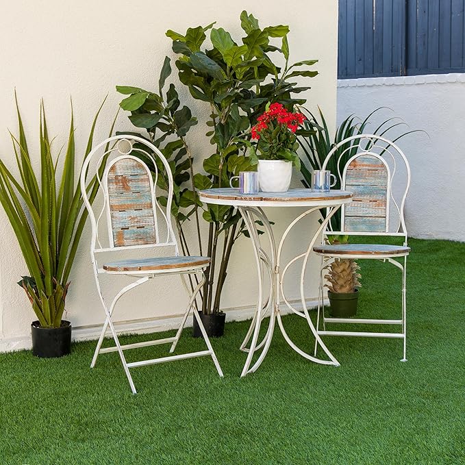 Alpine Corporation Indoor/Outdoor 3-Piece Wood and Metal Bistro Set Table and Folding Chairs Patio