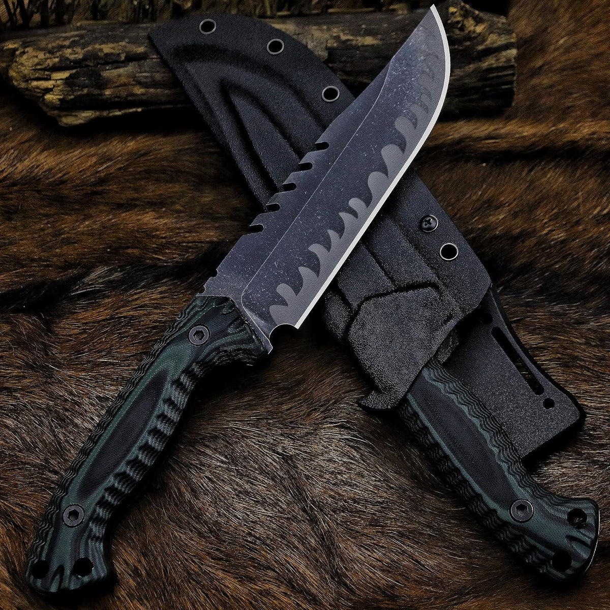 BA-KOR 12.4in Full Tang Fixed Blade Hunting Knife – 6mm 9CR18MoV Steel, G10 Handle, Stonewashed