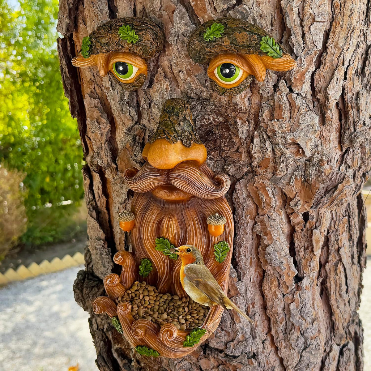 Mood Lab Tree Face Decor - Outdoor Bird Feeder with Acorns - Old Man Tree Face Garden Hugger