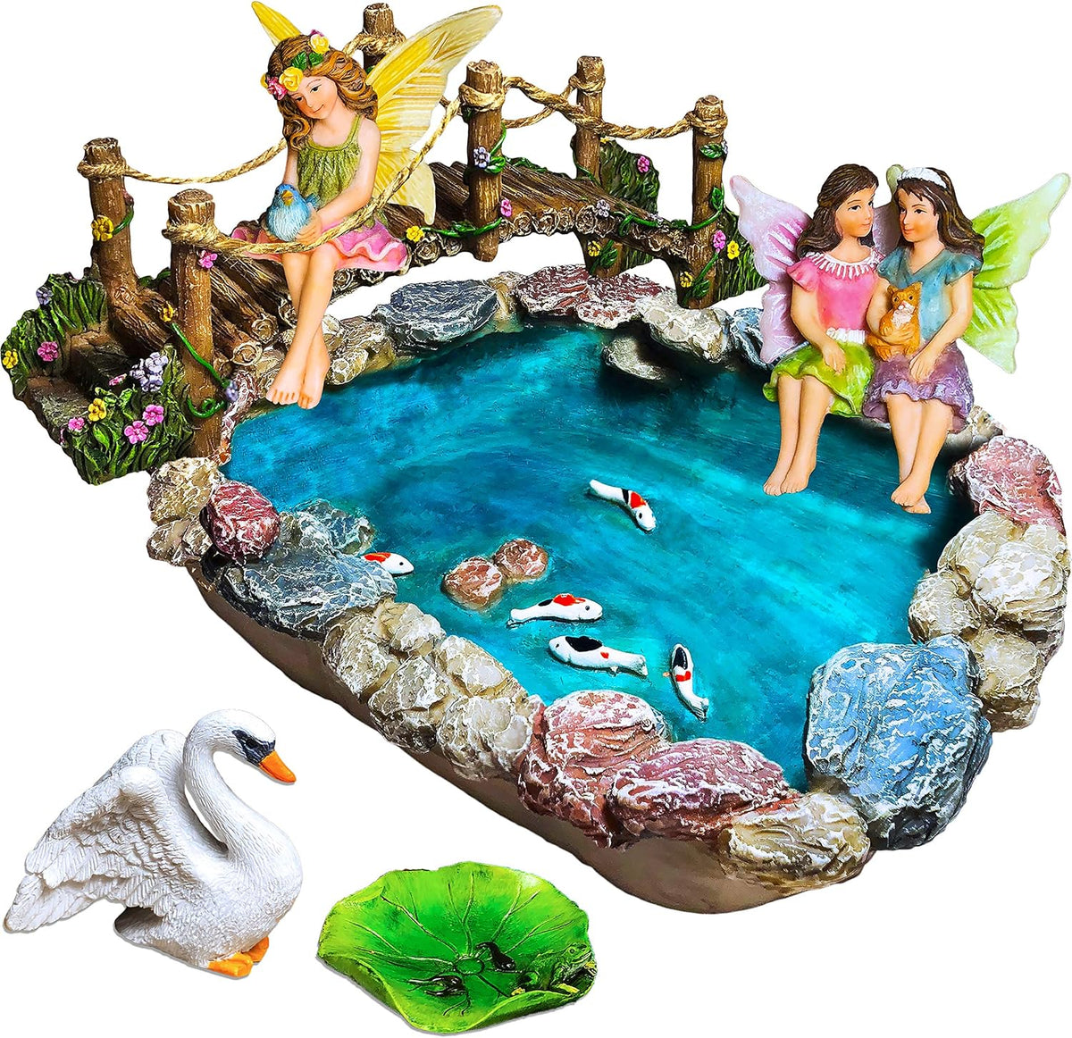 Mood Lab Fairy Garden Fish Pond Kit - Miniature Bridge Set of 6 pcs Fairy Garden Figurines &
