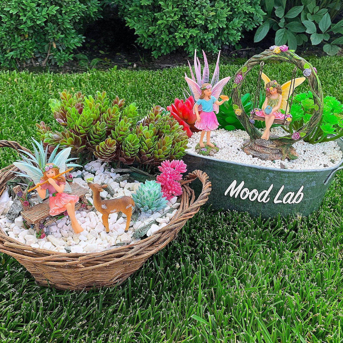Mood Lab Fairy Garden Kit - Swing Set of 6 pcs Miniature Figurines & Accessories - Hand Painted for