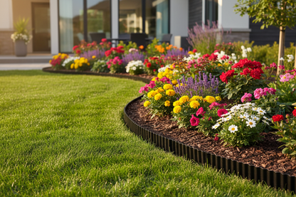 Black flexible metal landscape edging installed along a curved garden border separating lawn from flower bed